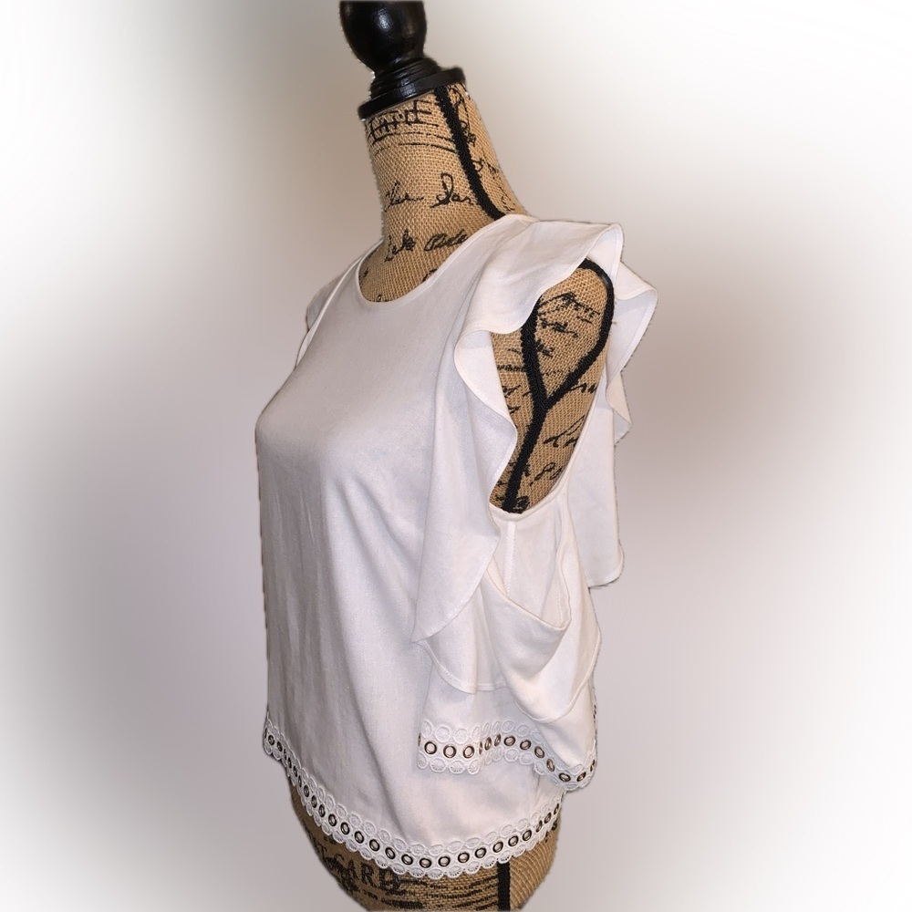 MISA Los Angeles Linen Blend Cold Shoulder Metal Rivet Eyelet Ruffle Blouse XS - Picture 9 of 15